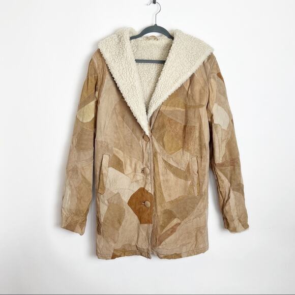 Retro Patchwork Leather Jacket Faux Sherpa Lined Medium - Picture 2 of 14
